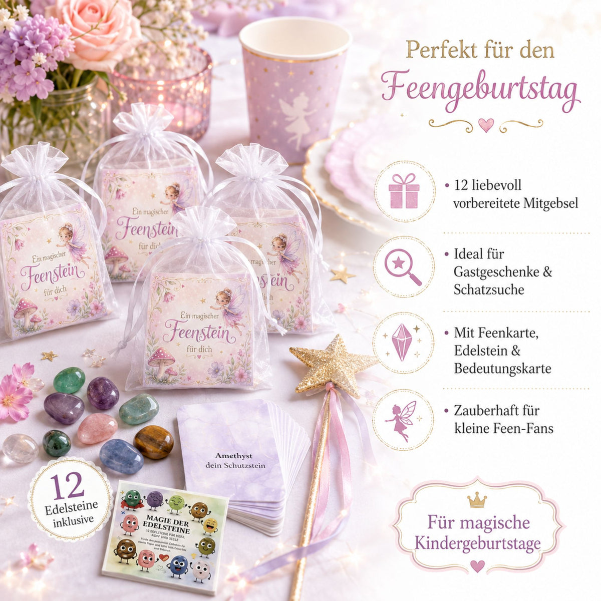 Feensteine 12er Set – magische Edelsteine mit Feenkarten & Broschüre „Magie der Edelsteine“ als Mitgebsel