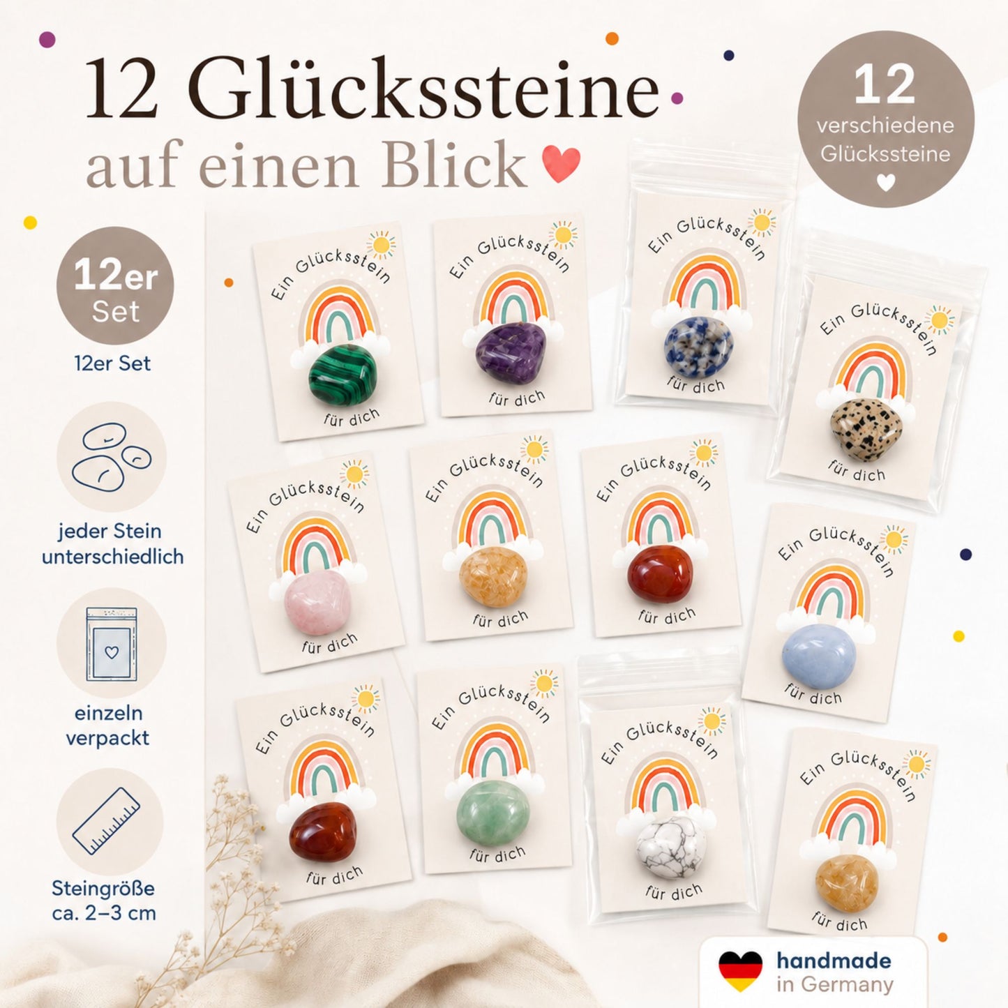 12er Set Glückssteine mit Karte – Natursteine einzeln verpackt als Glücksbringer, Mitgebsel & kleine Geschenkidee
