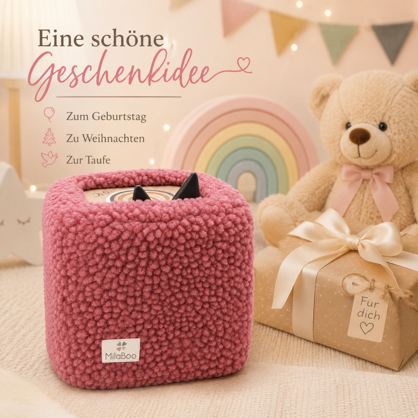 MilaBoo® Teddybezug für Toniebox 1 & 2 – weiche Schutzhülle aus Teddystoff, handgefertigt in Deutschland – Dunkelrosa
