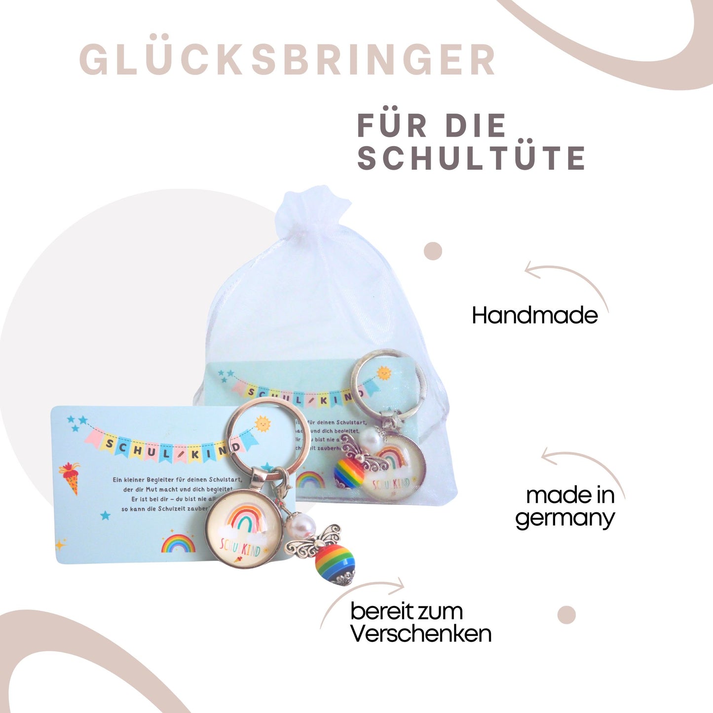 Schutzengel Schlüsselanhänger zur Einschulung – Design Regenbogen