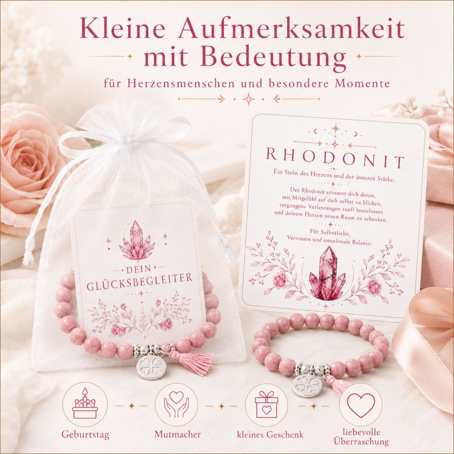 MilaBoo® Rhodonit Armband Damen – Edelstein Armband mit Kleeblatt-Anhänger, Quaste & Geschenk-Karte