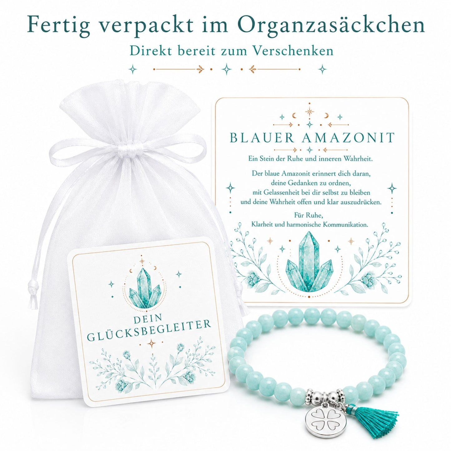 MilaBoo® Amazonit Armband Damen – Edelstein Armband mit Kleeblatt-Anhänger, Quaste & Geschenk-Karte