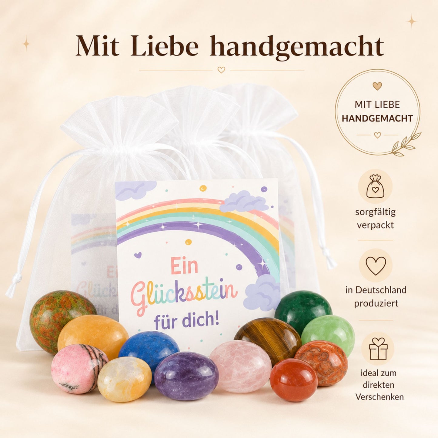 MilaBoo Glückssteine im 12er-Set mit Karte – Kleine Edelsteine als Geschenk, Mitbringsel und liebevoller Mutmacher