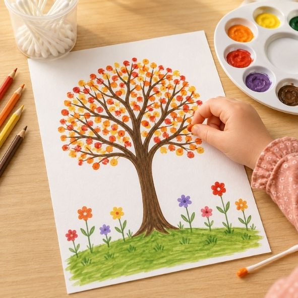 Baumkrone des Herbstbaums mit Fingerabdrücken gestalten