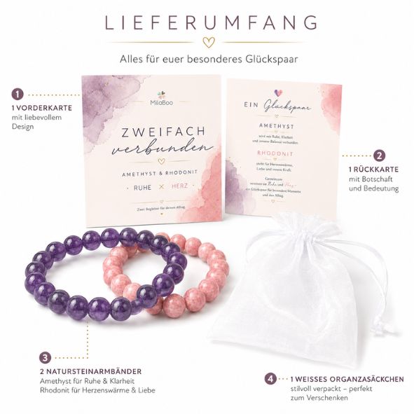 Damen Armband Set Amethyst & Rhodonit | 2er Edelstein Armband | Geschenk für Freundin Schwester Mama | Glücksarmband Naturstein