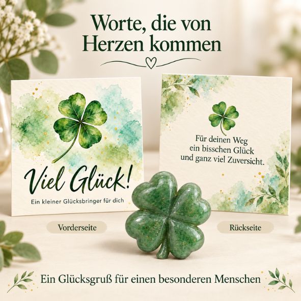 Glücks-Kleeblatt aus Aventurin mit Karte „Viel Glück!“ im Organzabeutel – kleiner Glücksbringer