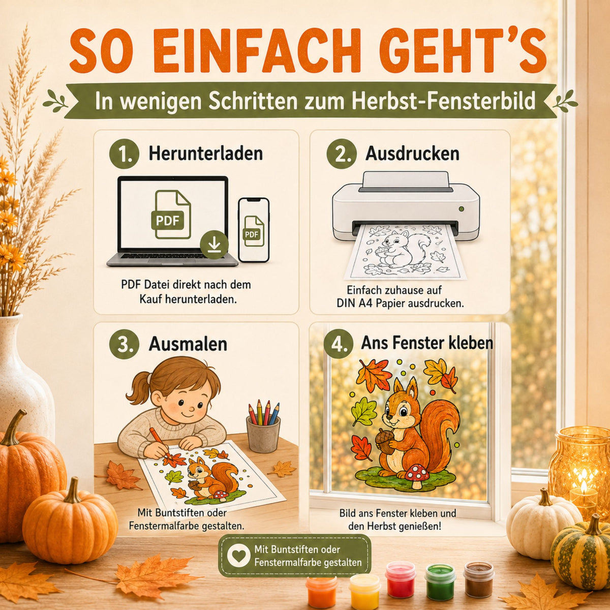 23 Herbst Fensterbilder Vorlagen für Kinder | Ausmalbilder Herbst | Fenstermalfarbe Vorlagen | PDF Download DIN A4 | Herbst Basteln