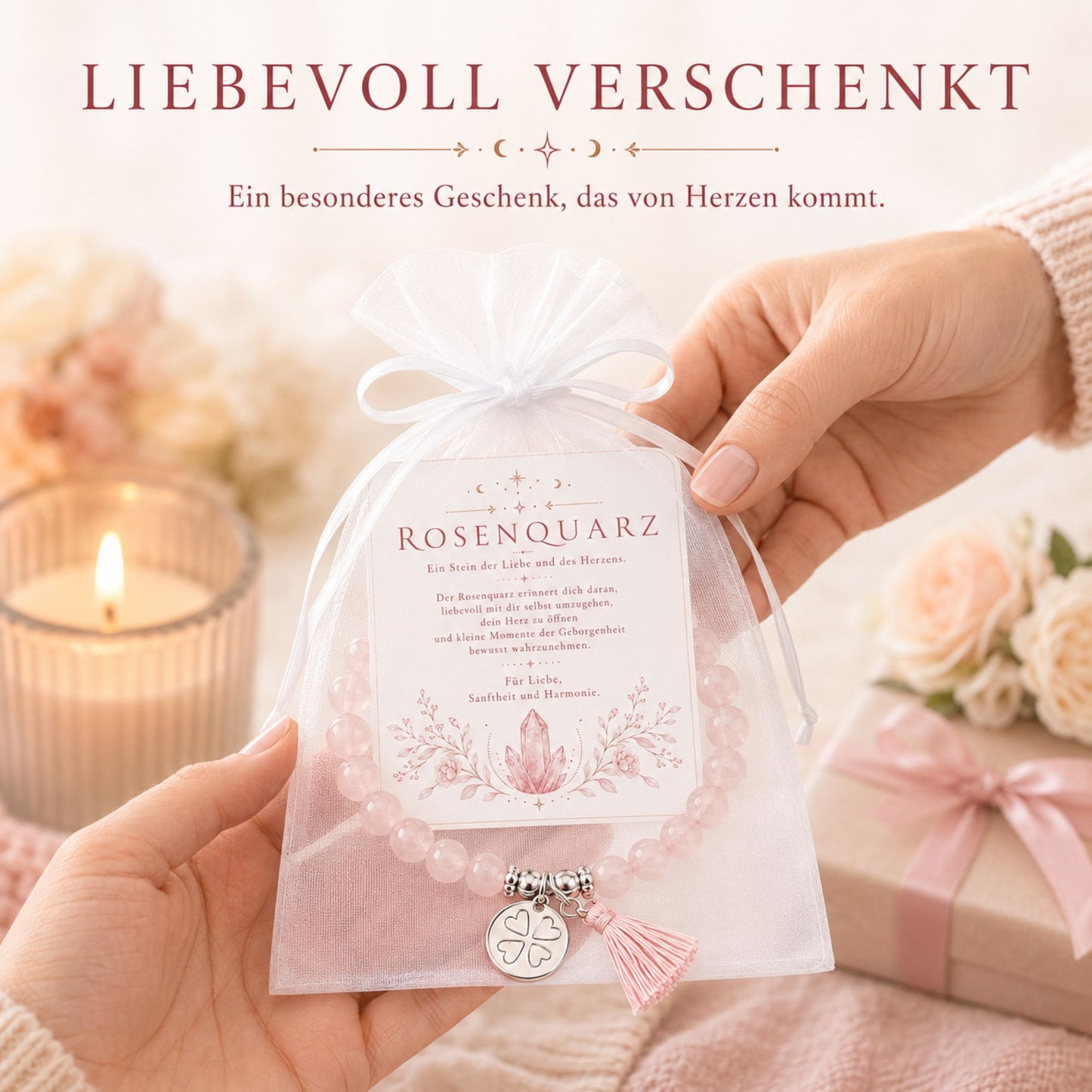 MilaBoo® Rosenquarz Armband Damen – Naturstein Armband mit Kleeblatt-Anhänger & Quaste als liebevolles Geschenk
