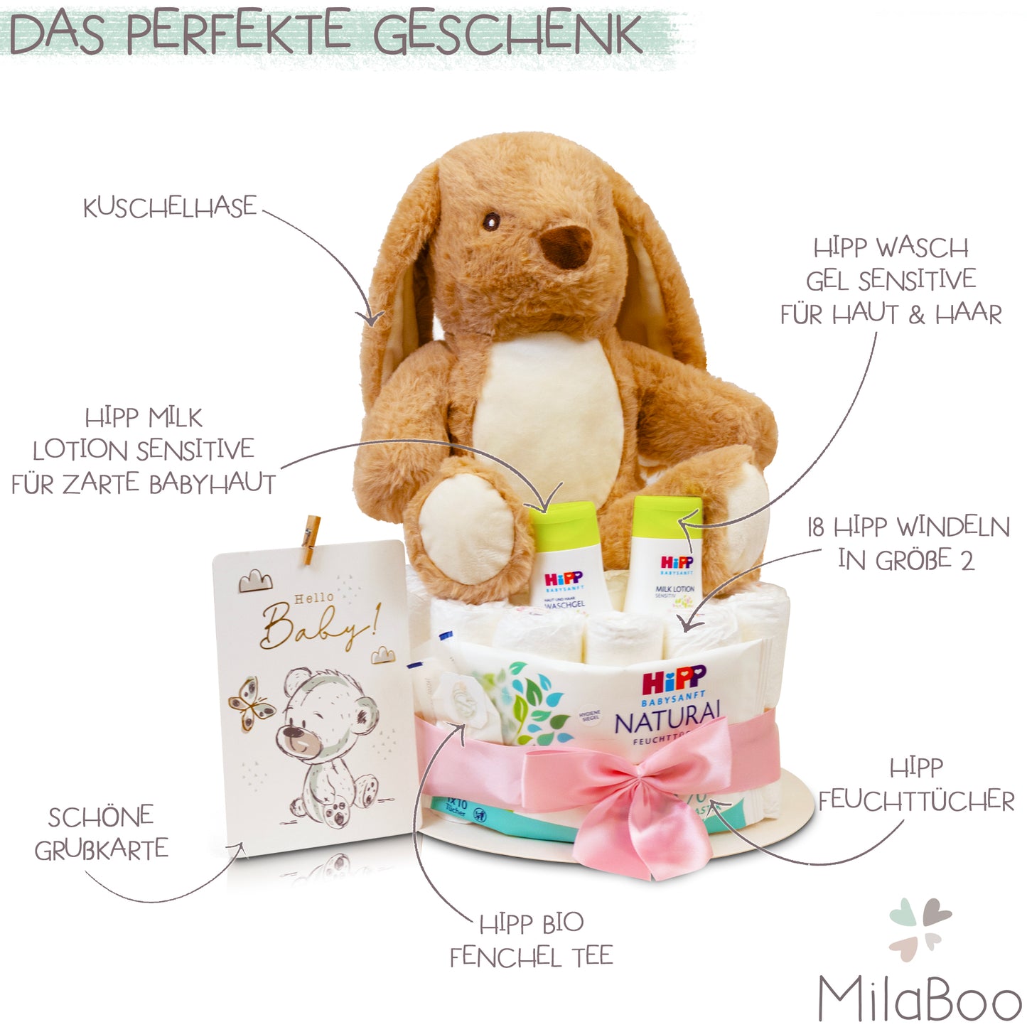 MilaBoo Windeltorte beige mit kuscheligen kleinen Hasen