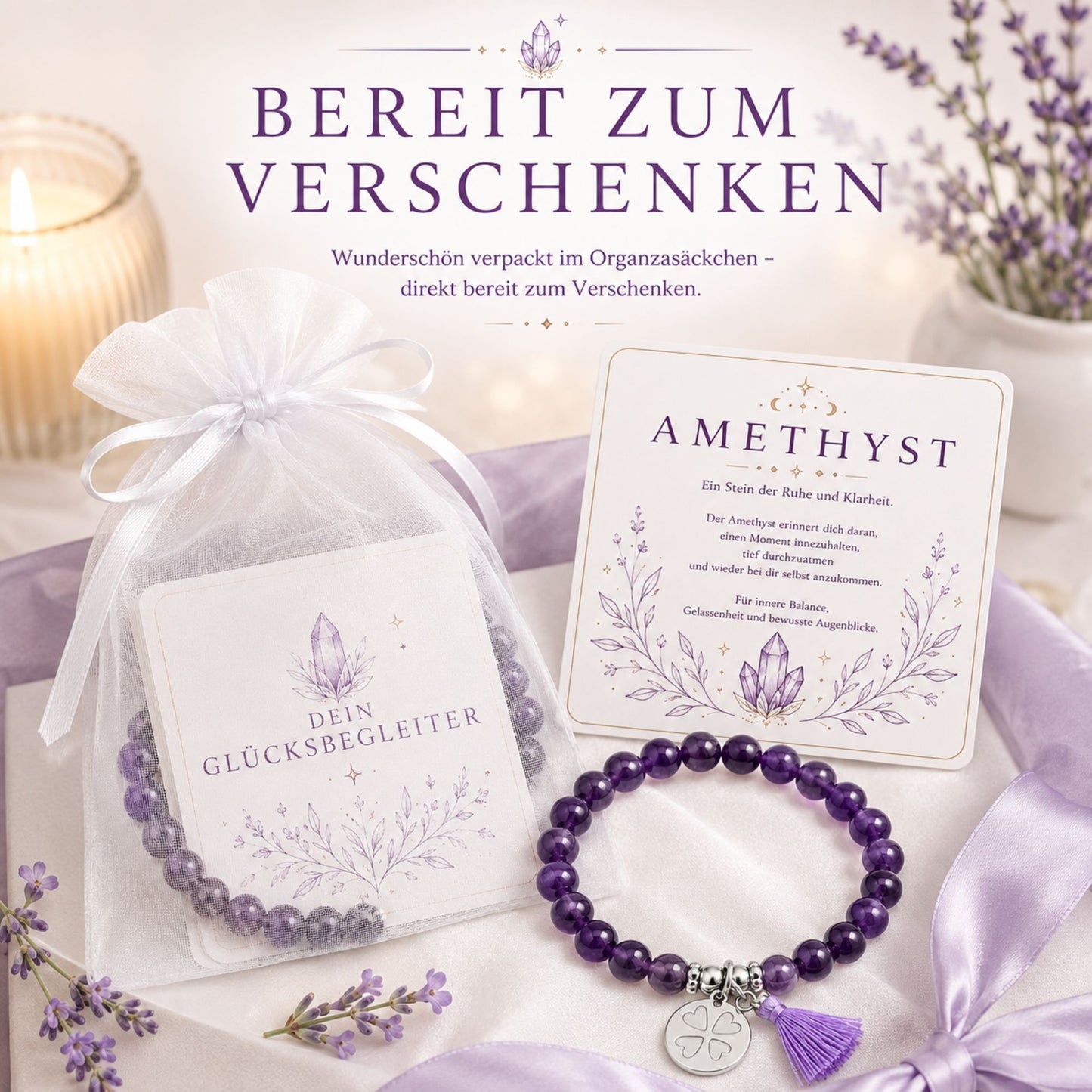MilaBoo® Amethyst Armband Damen – Naturstein Armband mit Kleeblatt-Anhänger & Quaste als liebevolles Geschenk