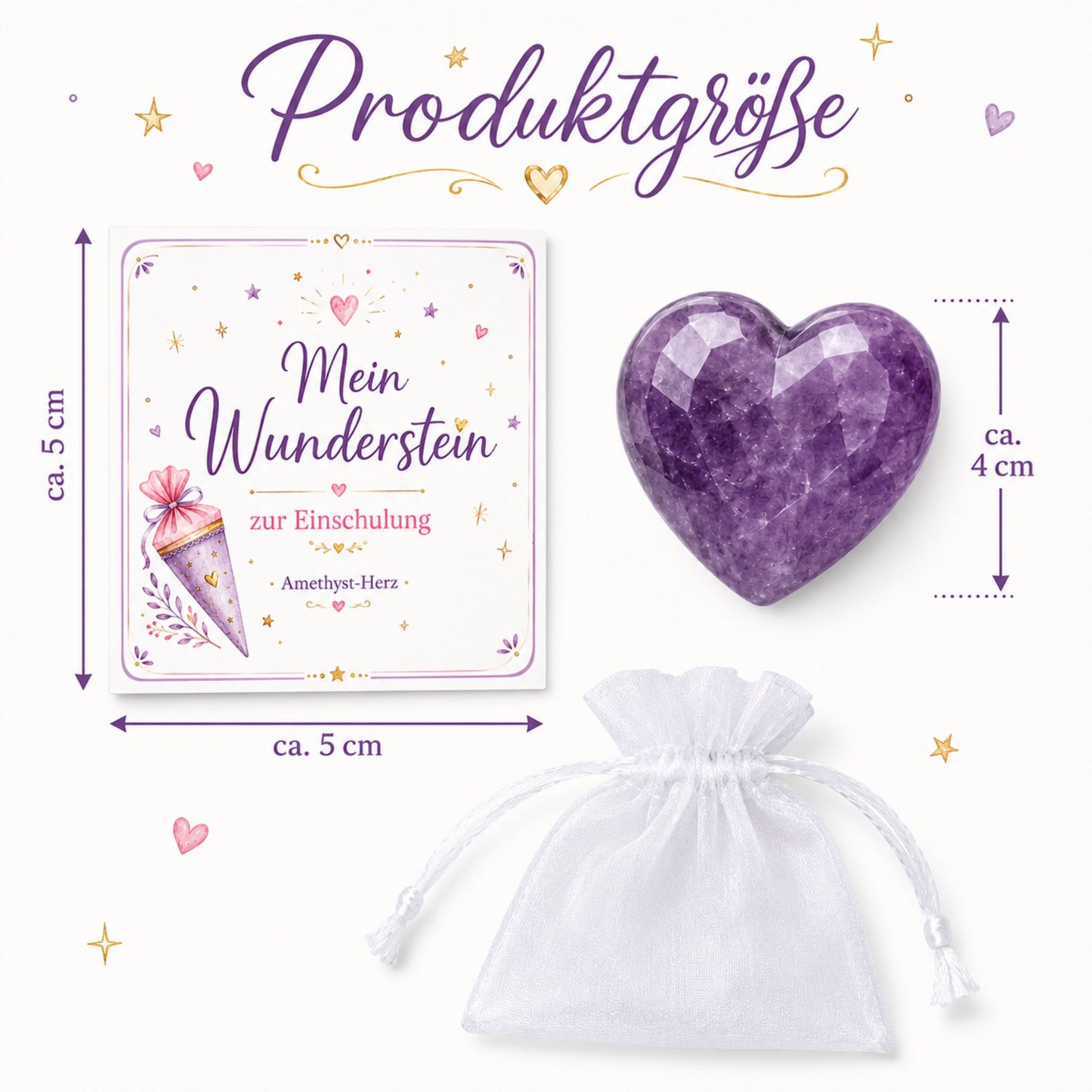 Wunderstein zur Einschulung – Amethyst Herz mit Karte & Organzasäckchen als liebevoller Glücksbegleiter zum Schulstart