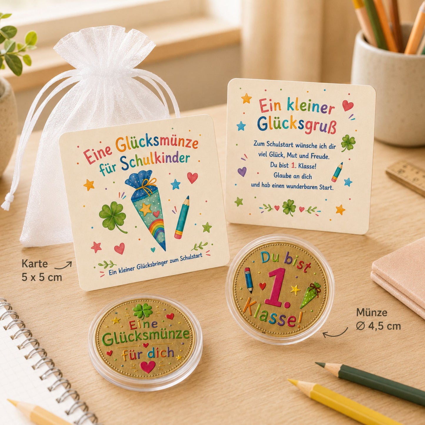 Glücksmünze zur Einschulung – kleines Geschenk mit Karte im Organzasäckchen