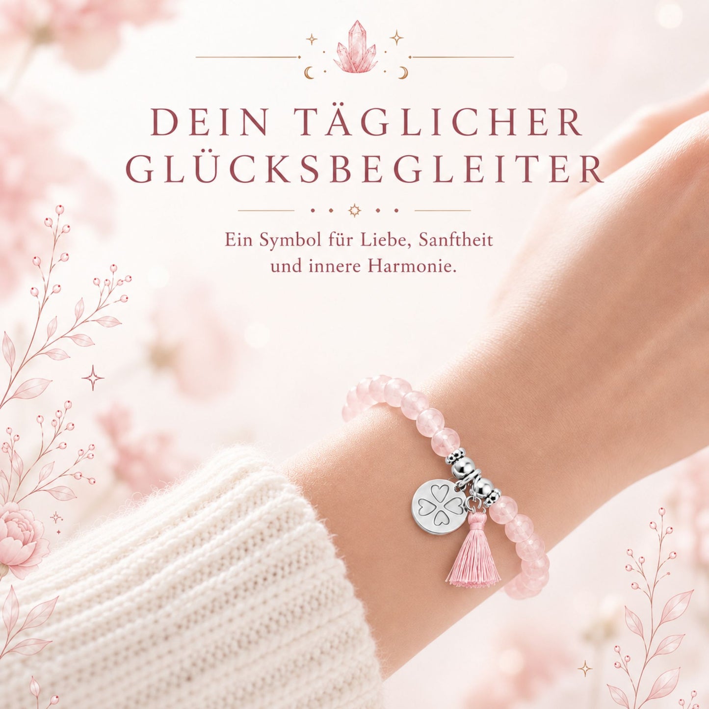 MilaBoo® Rosenquarz Armband Damen – Naturstein Armband mit Kleeblatt-Anhänger & Quaste als liebevolles Geschenk