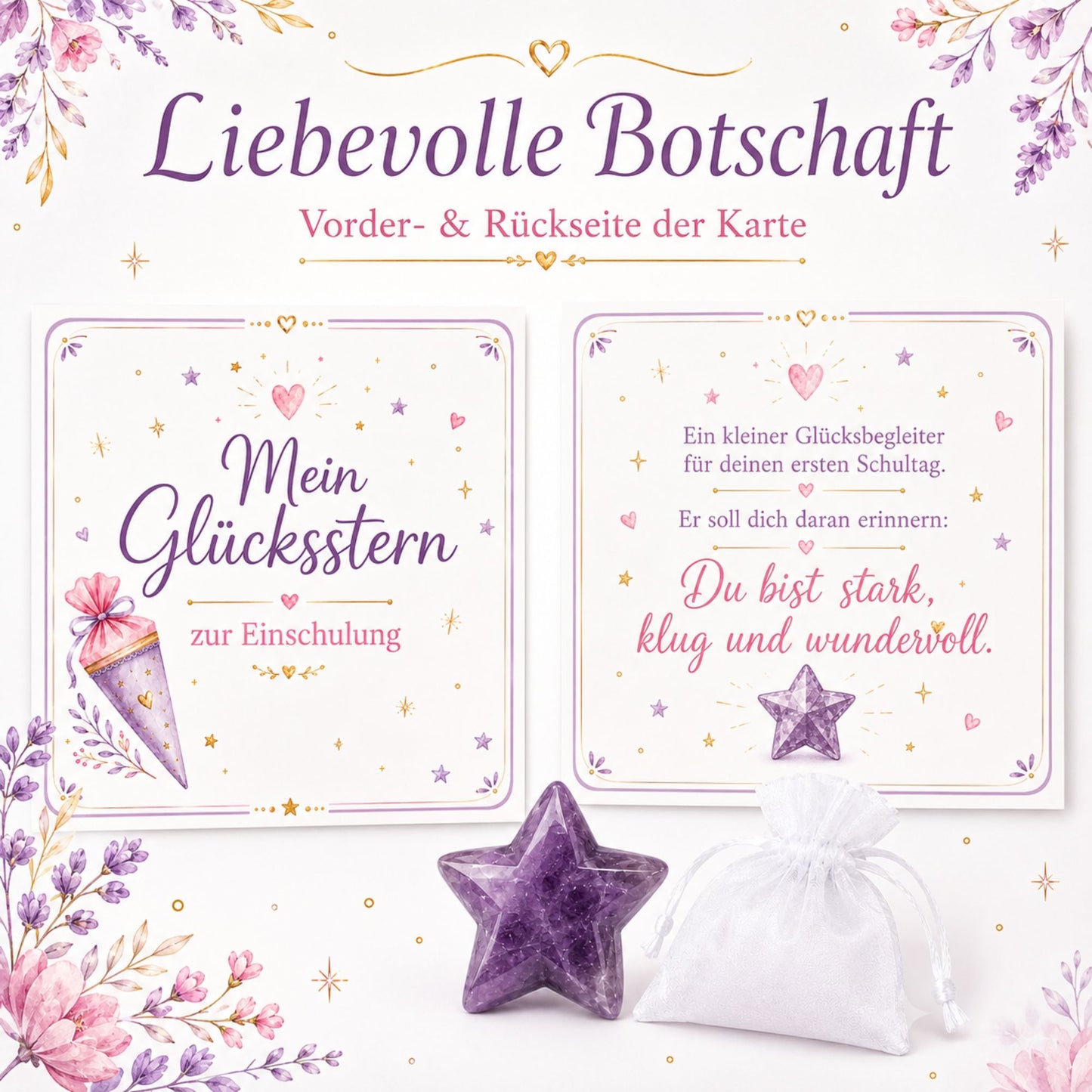 Amethyst Stern zur Einschulung – Glücksstern Geschenk mit Karte & Organzasäckchen für Schultüte und Schulstart