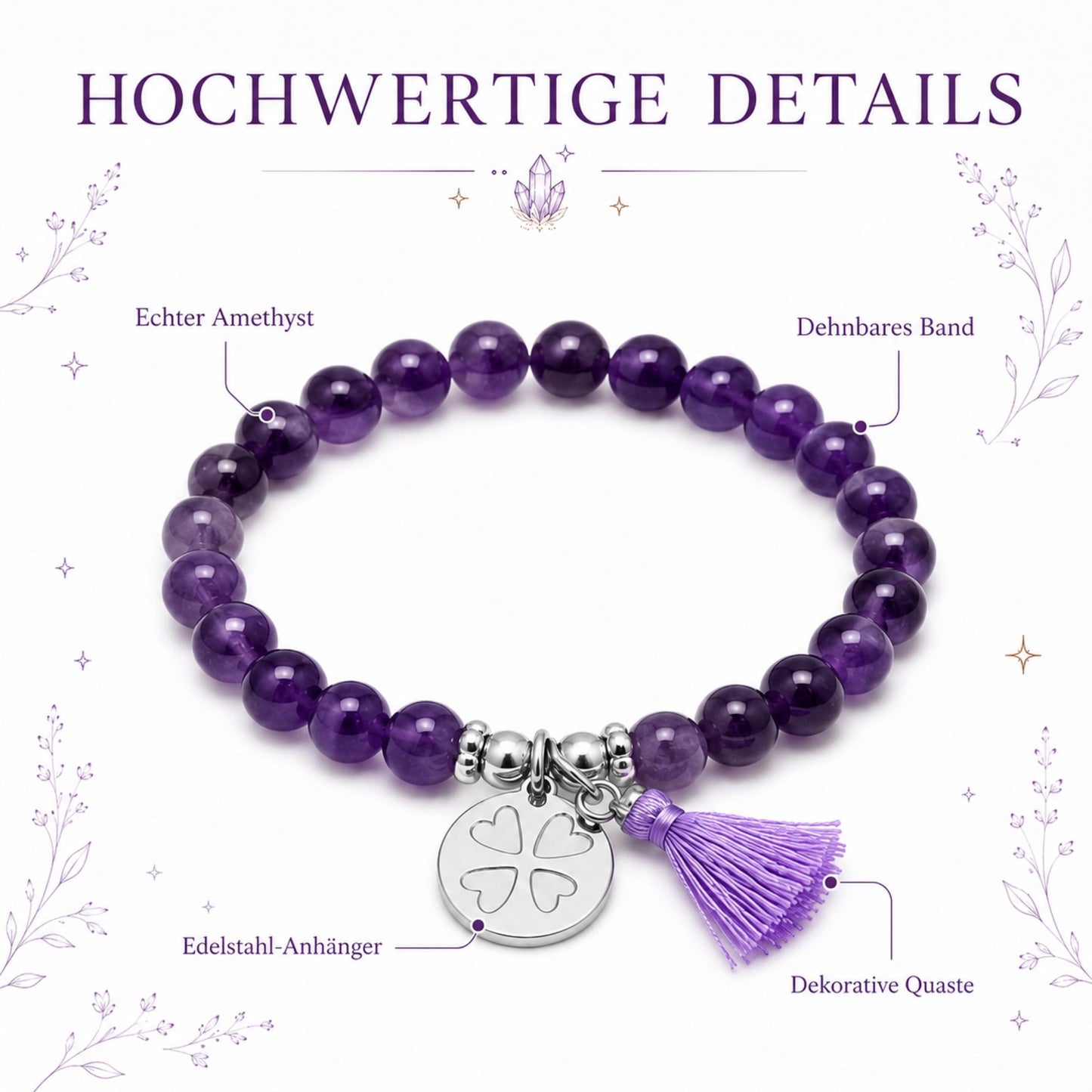 MilaBoo® Amethyst Armband Damen – Naturstein Armband mit Kleeblatt-Anhänger & Quaste als liebevolles Geschenk
