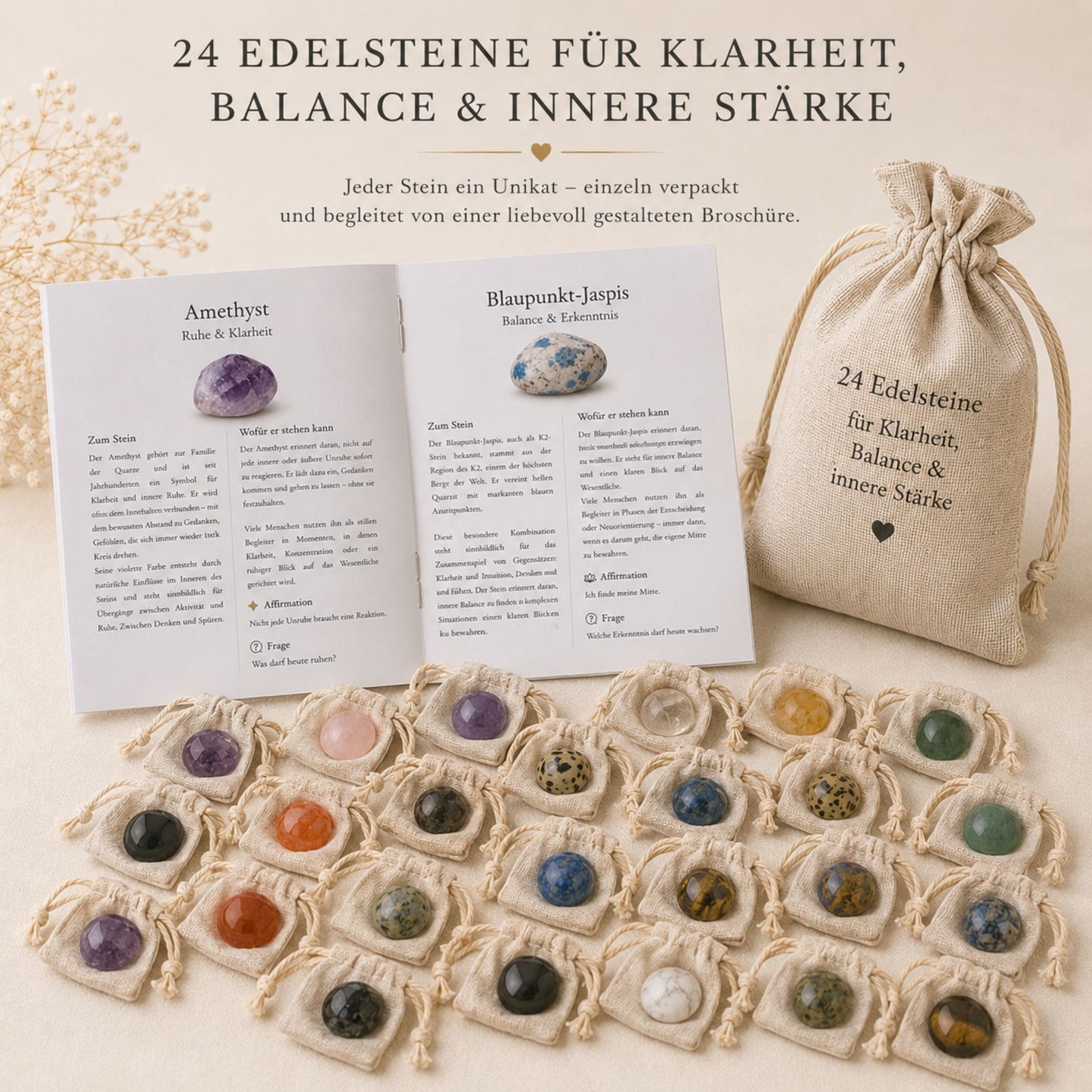 Affirmationssteine Set – 24 Edelsteine mit Broschüre, Jutebeuteln & Bedeutungskarte für Klarheit, Vertrauen und innere Stärke