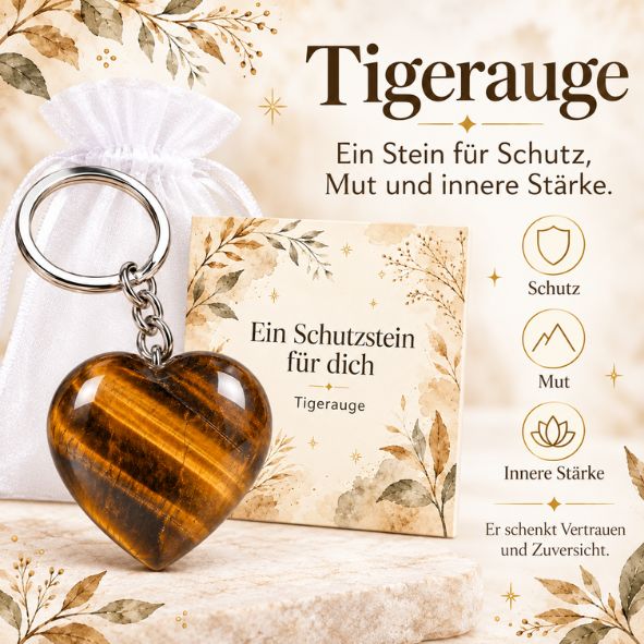Tigerauge Herz Schlüsselanhänger „Ein Schutzstein für dich“ – Glücksbringer mit Karte im Organzasäckchen