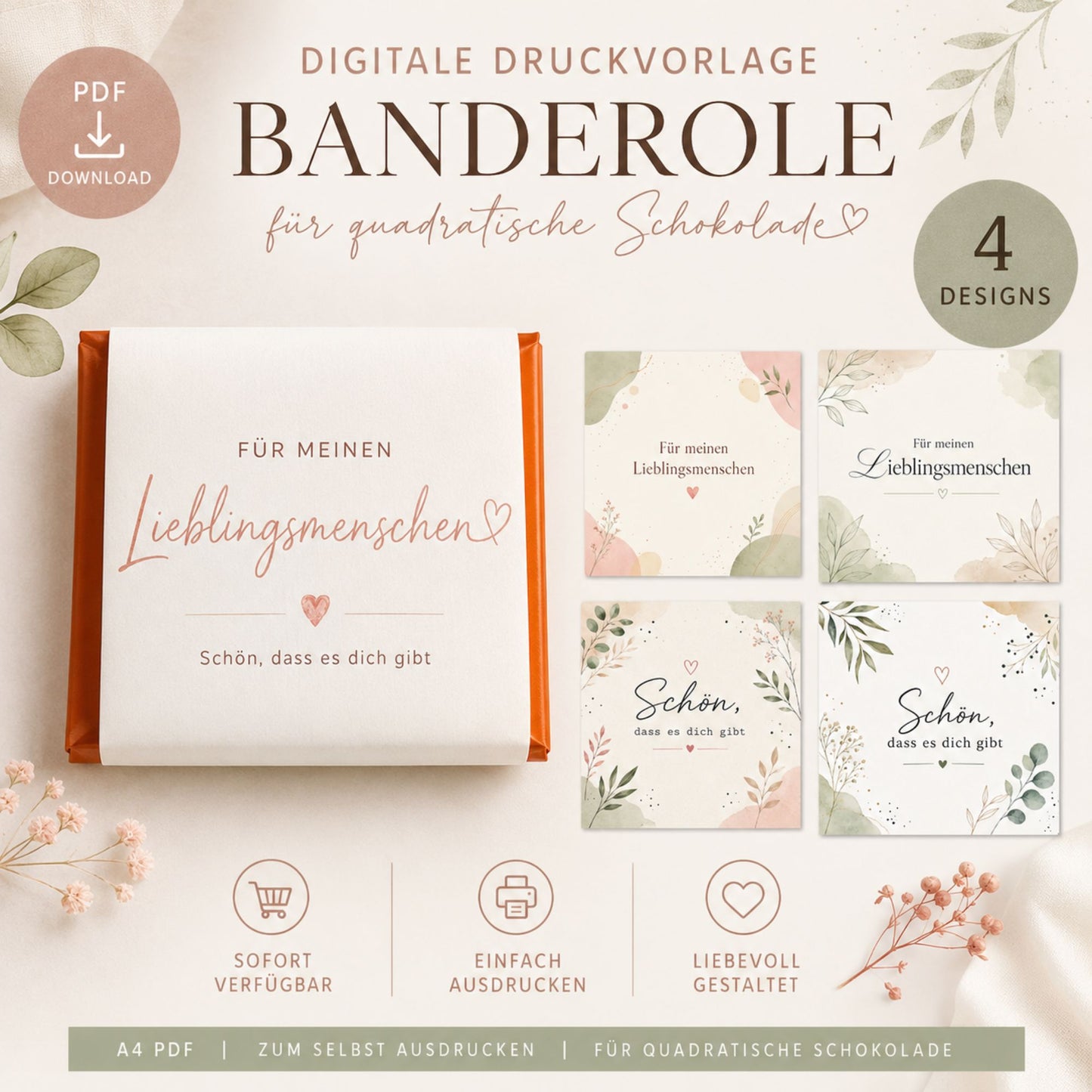 Schokoladen-Banderole zum Ausdrucken – Lieblingsmensch & Schön, dass es dich gibt | 4 Designs