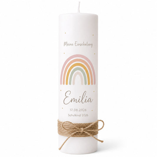 Personalisierte Einschulungskerze „Regenbogen“ – 25 x 8 cm