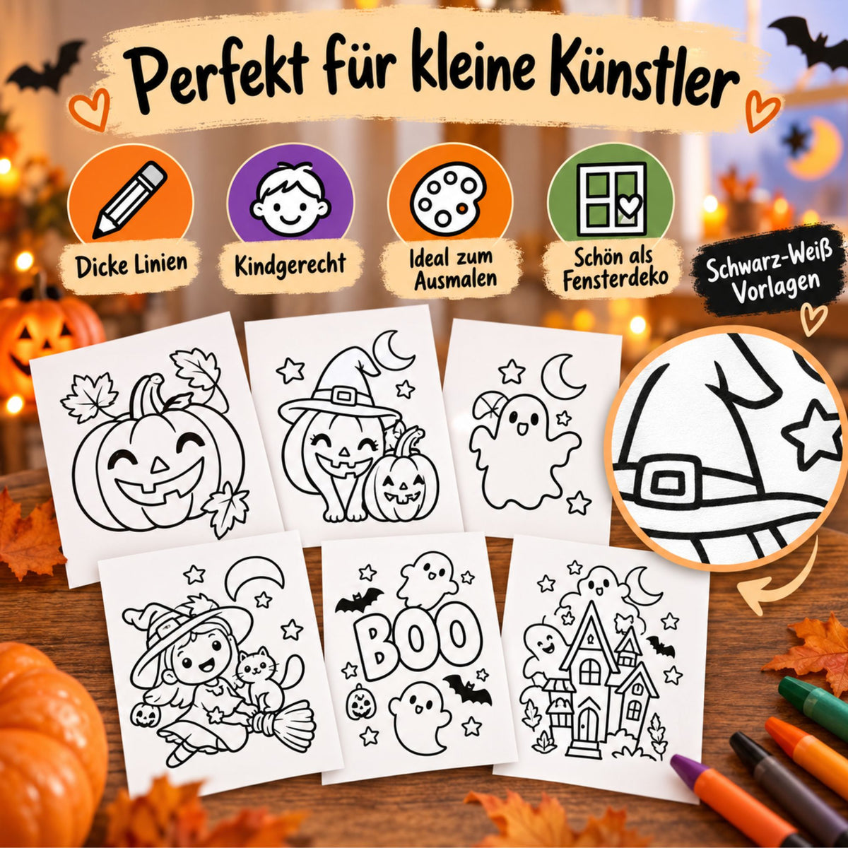 28 Halloween Fensterbilder für Kinder | Ausmalbilder PDF zum Ausdrucken | Geist Hexe Kürbis | Halloween Fensterdeko Download