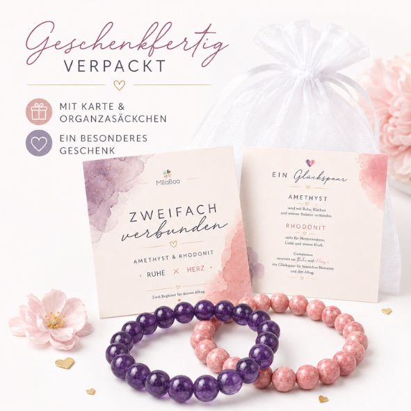 Damen Armband Set Amethyst & Rhodonit | 2er Edelstein Armband | Geschenk für Freundin Schwester Mama | Glücksarmband Naturstein