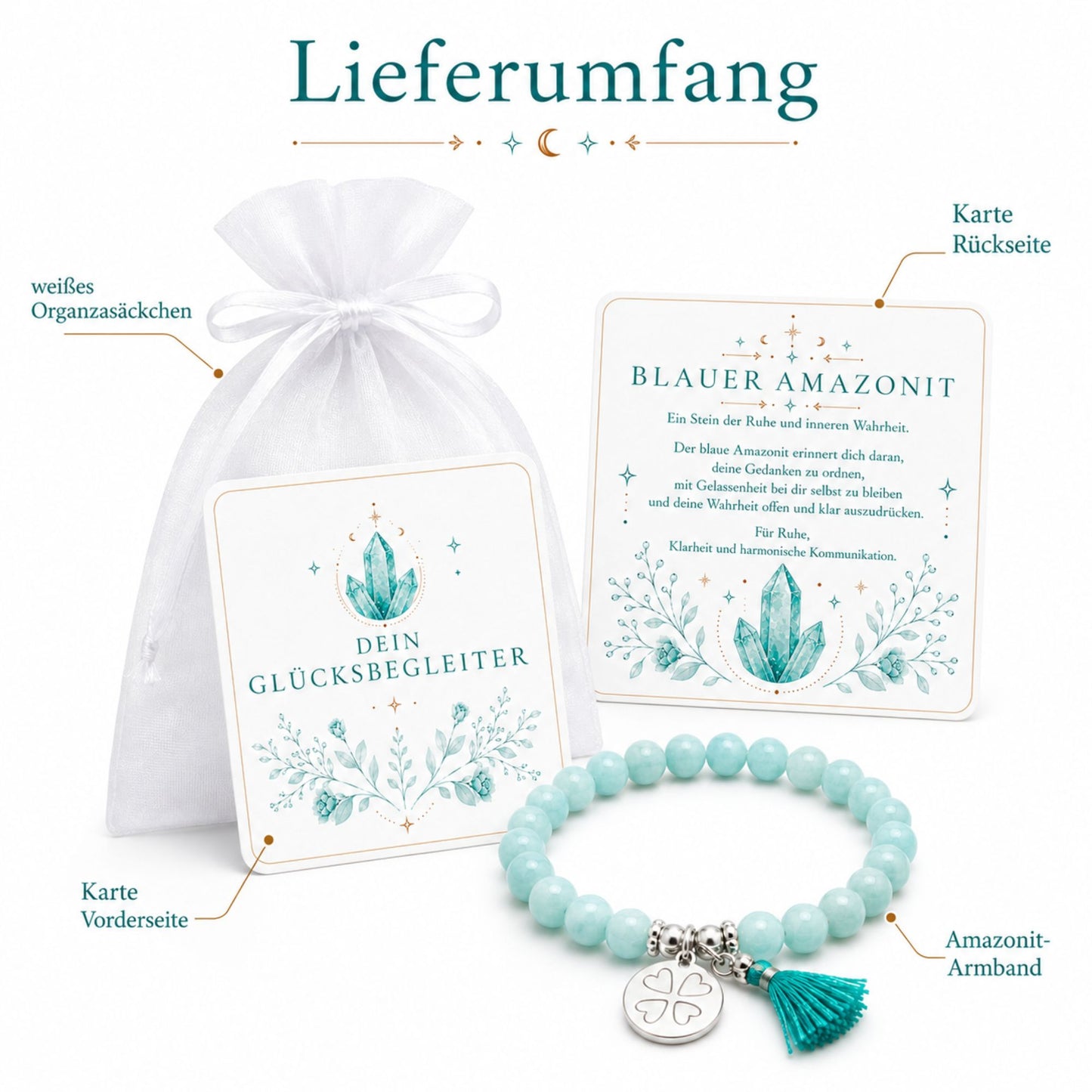 MilaBoo® Amazonit Armband Damen – Edelstein Armband mit Kleeblatt-Anhänger, Quaste & Geschenk-Karte