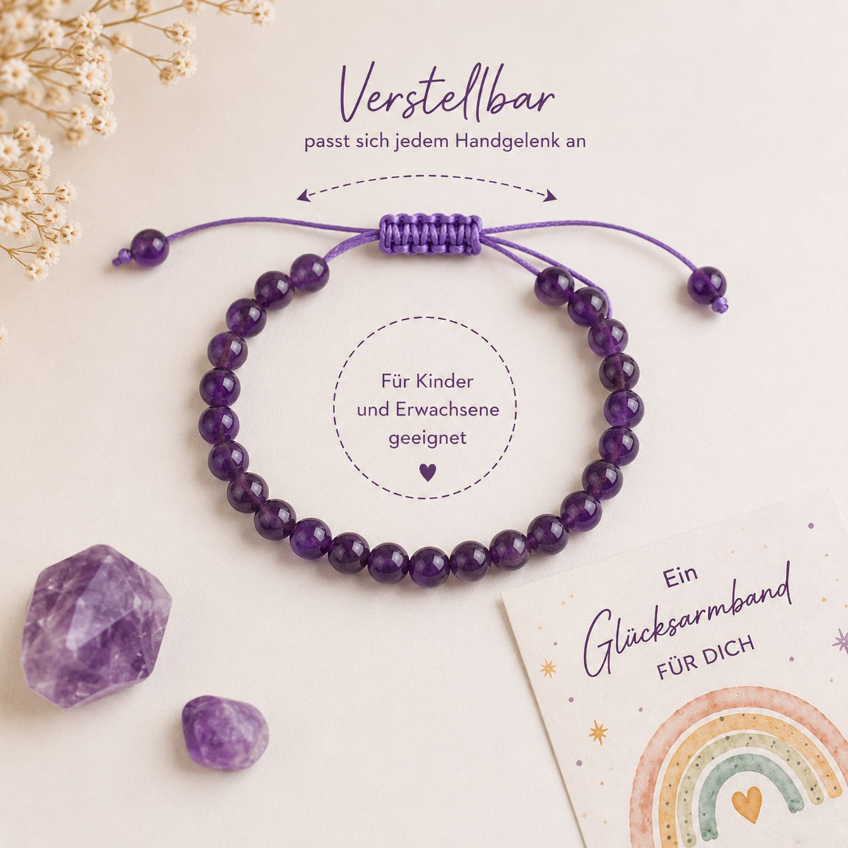 Glücksarmband 6er Set für Kinder – Naturstein-Armbänder mit Regenbogen-Karte im Organzasäckchen als Mitgebsel