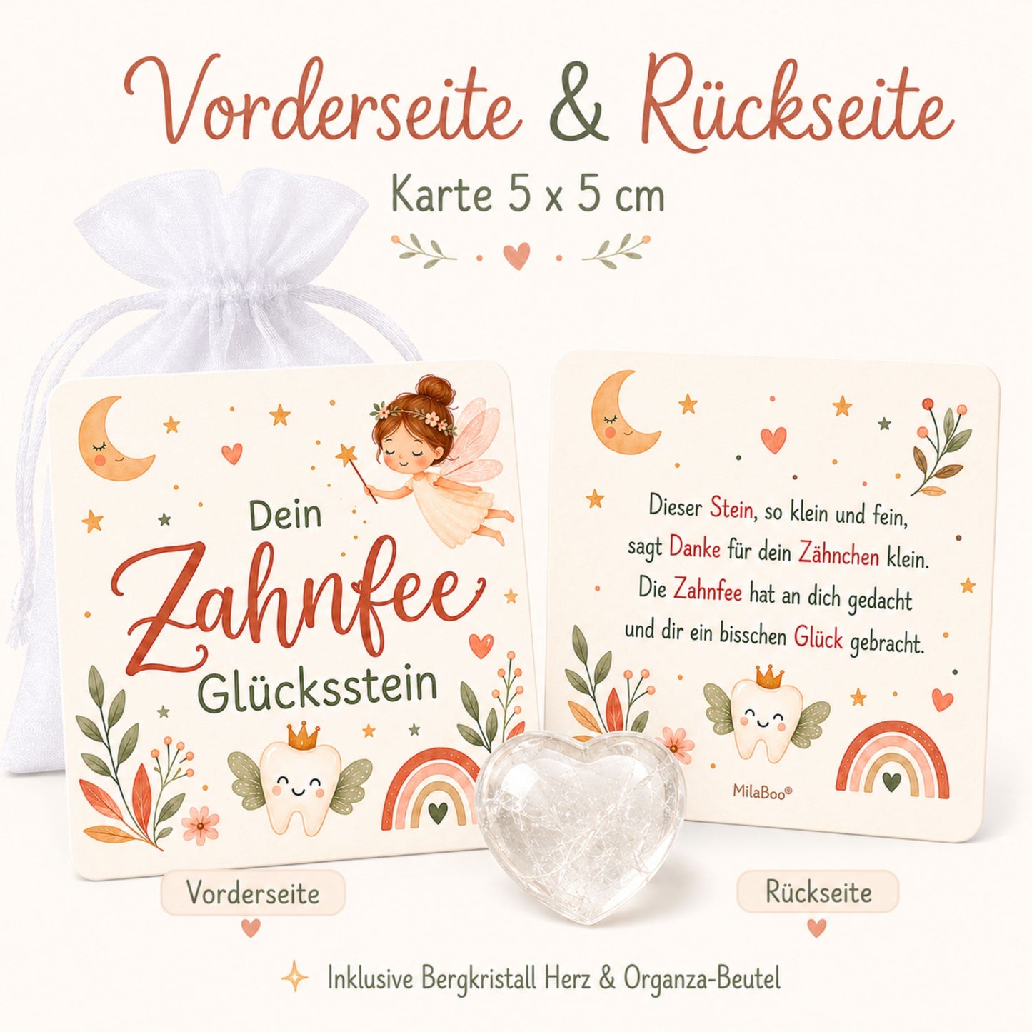 Zahnfee Glücksstein aus Bergkristall – liebevolles Geschenk mit Karte & Organzasäckchen