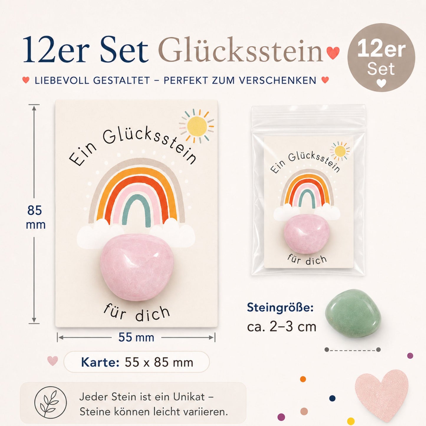 12er Set Glückssteine mit Karte – Natursteine einzeln verpackt als Glücksbringer, Mitgebsel & kleine Geschenkidee