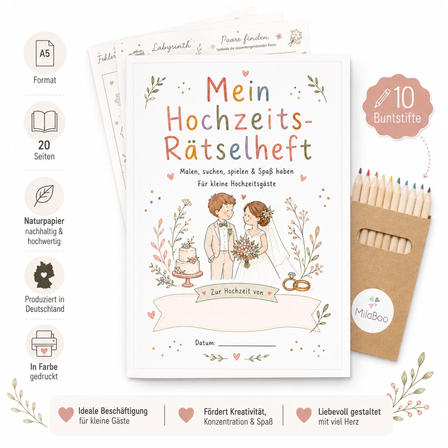 MilaBoo® Hochzeits-Rätselheft für Kinder – 10er-Set mit Buntstiften, 20 Seiten Mal- und Rätselspaß ab 3 Jahren