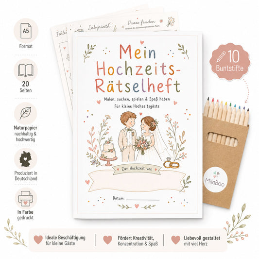 MilaBoo® Hochzeits-Rätselheft für Kinder – 10er-Set mit Buntstiften, 20 Seiten Mal- und Rätselspaß ab 3 Jahren