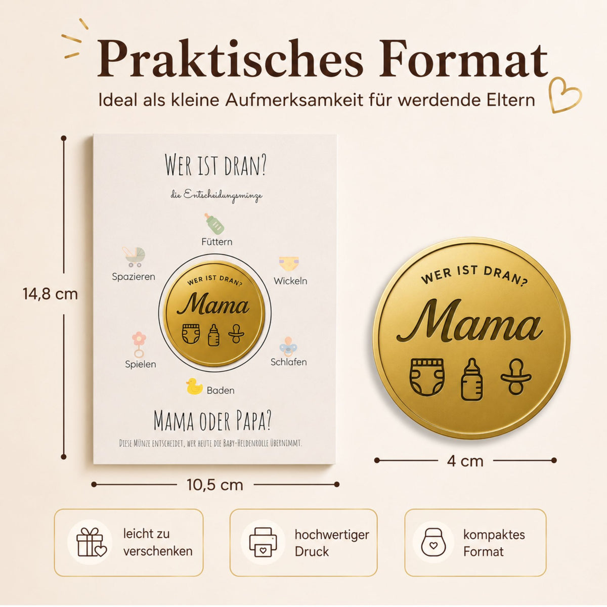 MilaBoo® „Mama oder Papa“-Entscheidungsmünze – goldene Münze 4,5 cm mit Karte für Baby Shower, Geburt und Familienalltag