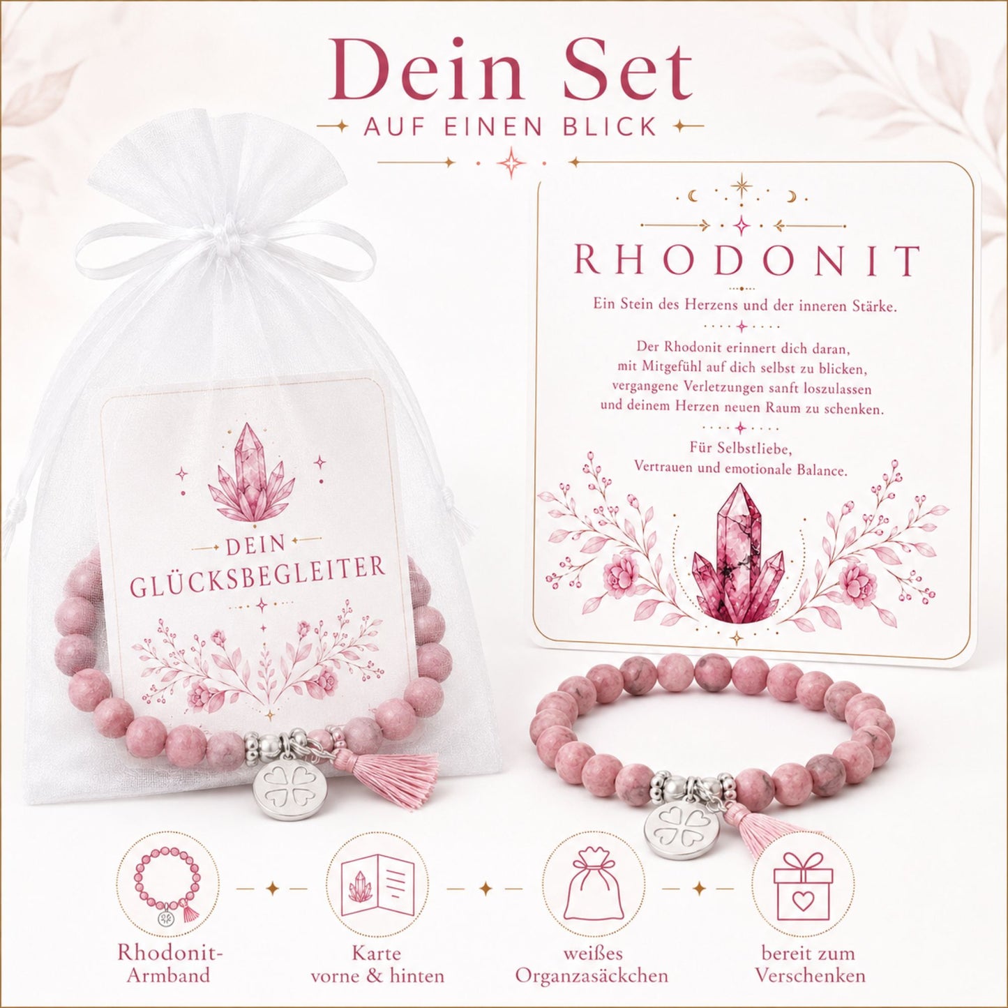 MilaBoo® Rhodonit Armband Damen – Edelstein Armband mit Kleeblatt-Anhänger, Quaste & Geschenk-Karte