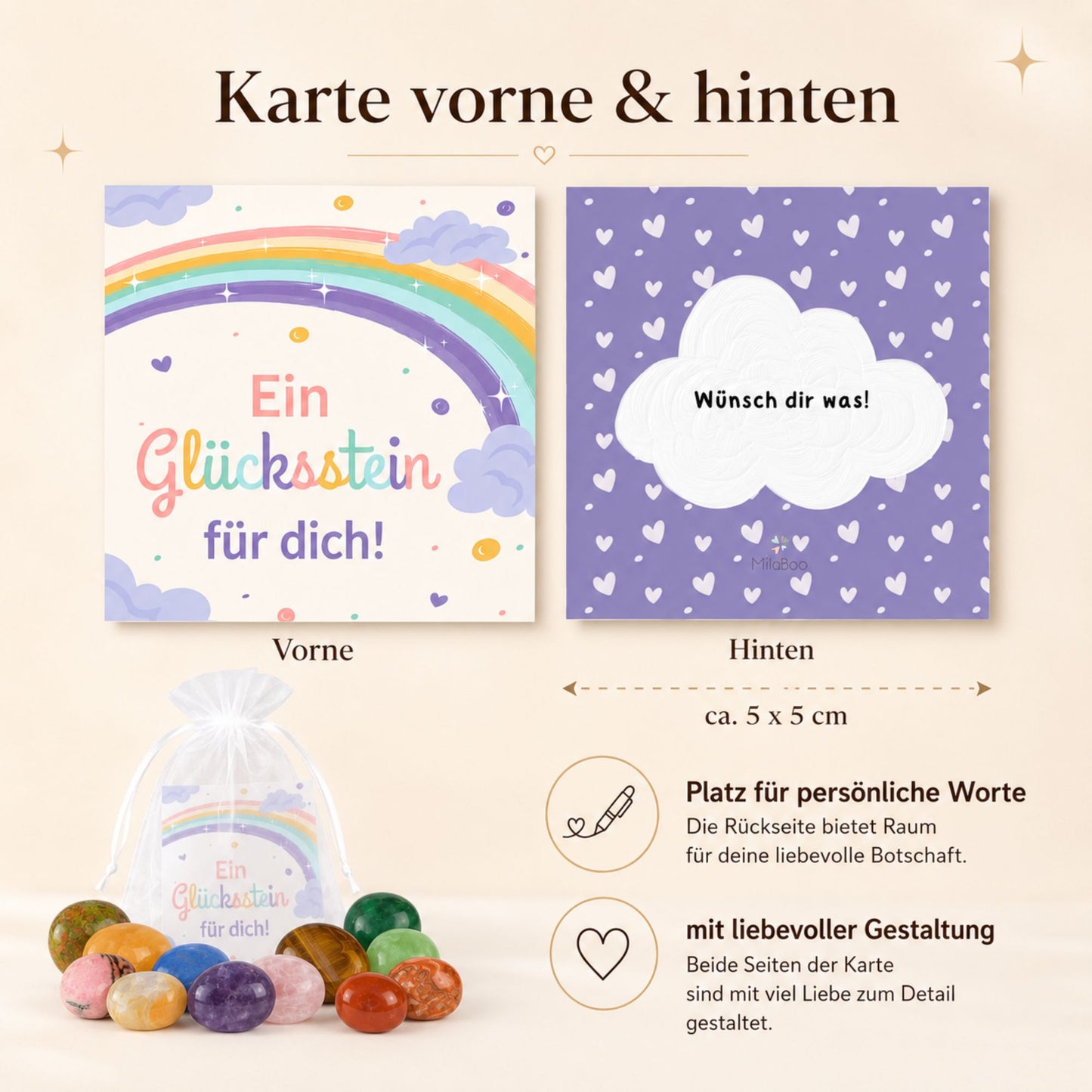 MilaBoo Glückssteine im 12er-Set mit Karte – Kleine Edelsteine als Geschenk, Mitbringsel und liebevoller Mutmacher