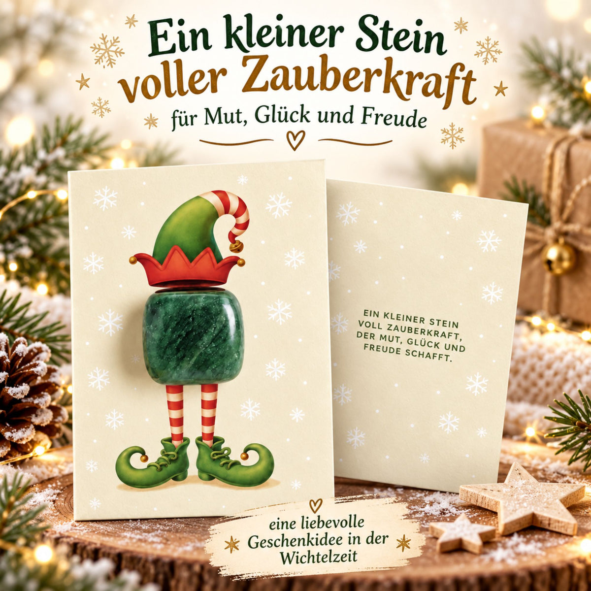 MilaBoo® Wichtelstein mit Karte – Magischer Glücksstein für die Wichtelzeit – Wichtel Zubehör Weihnachten, kleine Überraschung für Kinder, Mutstein & Glücksbringer