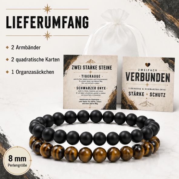 Herren Armband Set Tigerauge & Onyx | 2er Partnerarmband Männer | Geschenk für Freund Papa Bruder | Edelstein Armband Stärke Schutz