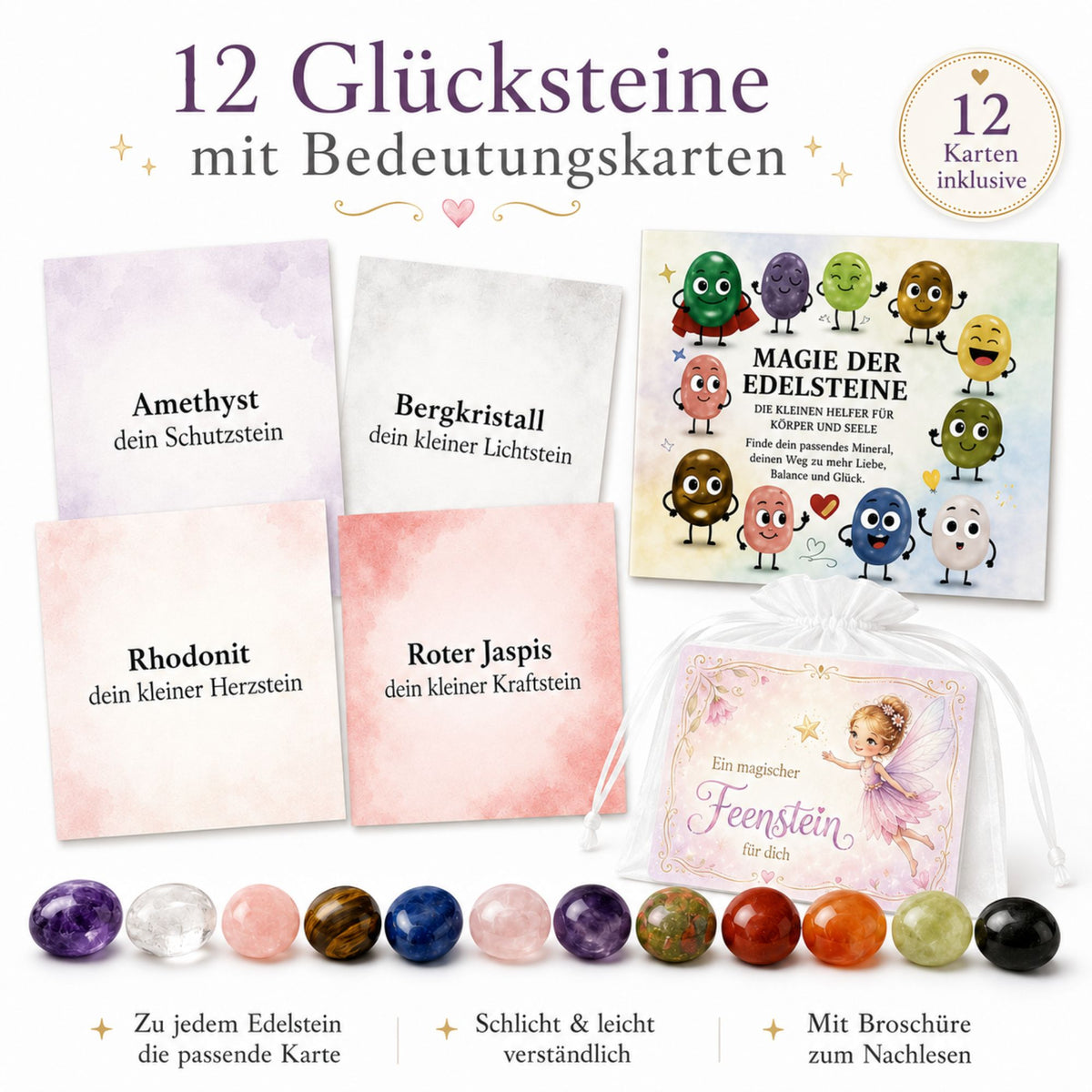 Feensteine 12er Set – magische Edelsteine mit Feenkarten & Broschüre „Magie der Edelsteine“ als Mitgebsel
