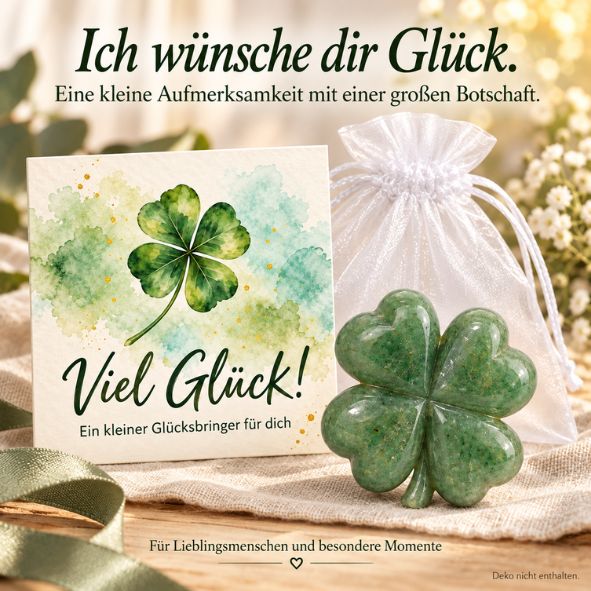 Glücks-Kleeblatt aus Aventurin mit Karte „Viel Glück!“ im Organzabeutel – kleiner Glücksbringer