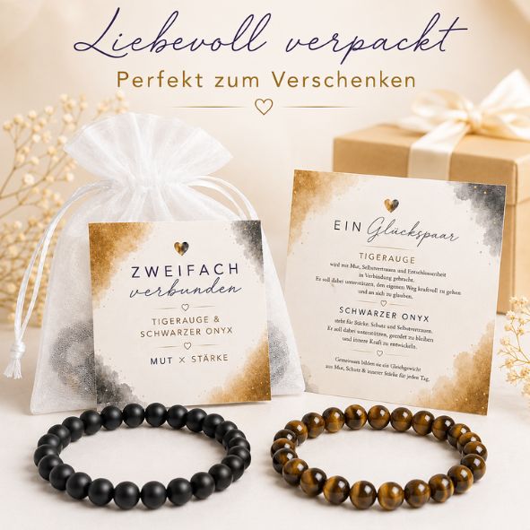 2er Set Armband Damen Tigerauge & Schwarzer Onyx „Mut × Stärke“ – Edelstein Perlenarmband 8 mm mit Geschenkkarte