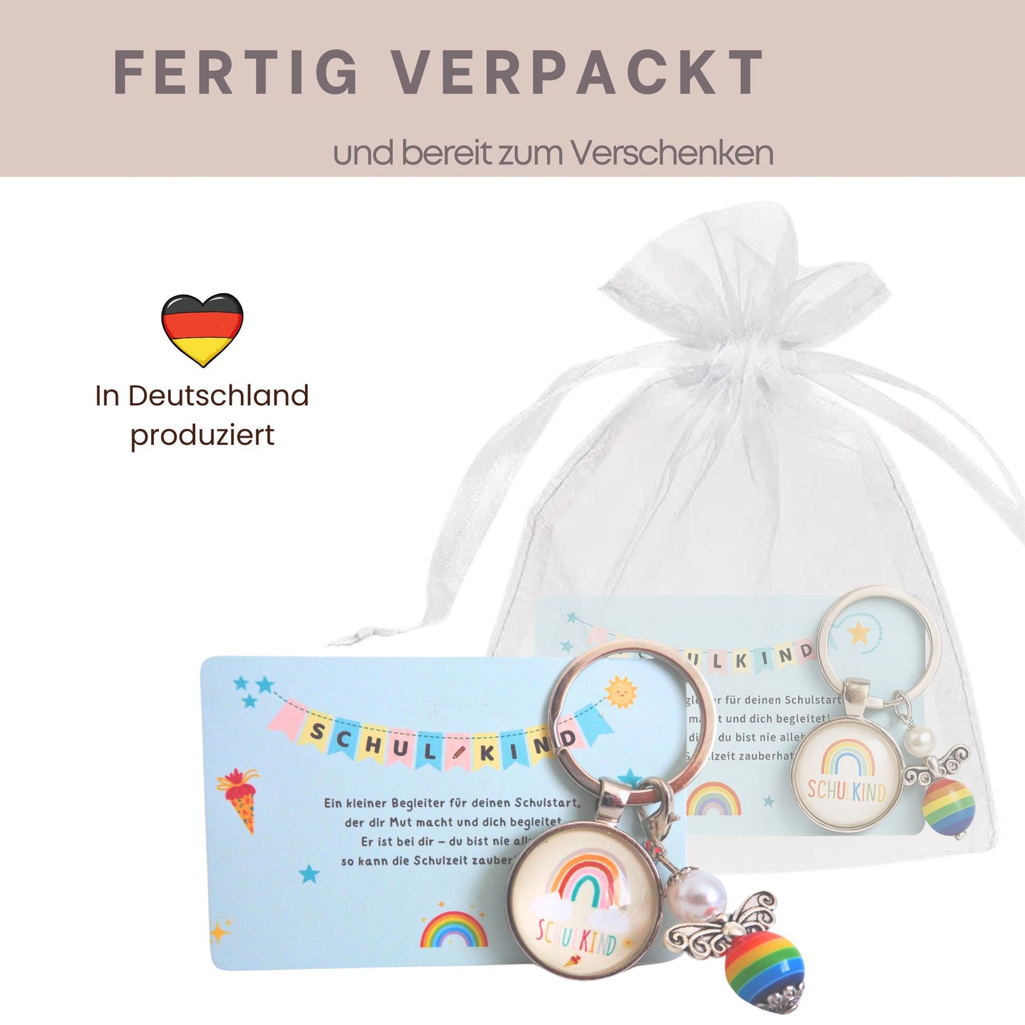Schutzengel Schlüsselanhänger zur Einschulung – Design Regenbogen