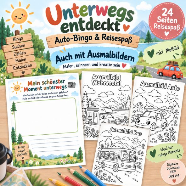 Reisespiele für Kinder zum Ausdrucken | Reise Bingo, Suchspiel & Autofahrt-Beschäftigung | PDF Druckvorlage DIN A4 | Digitaler Download