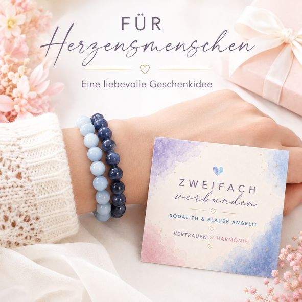 2er Set Armband Damen Sodalith & Blauer Angelit „Vertrauen × Harmonie“ – Edelstein Perlenarmband 8 mm mit Geschenkkarte