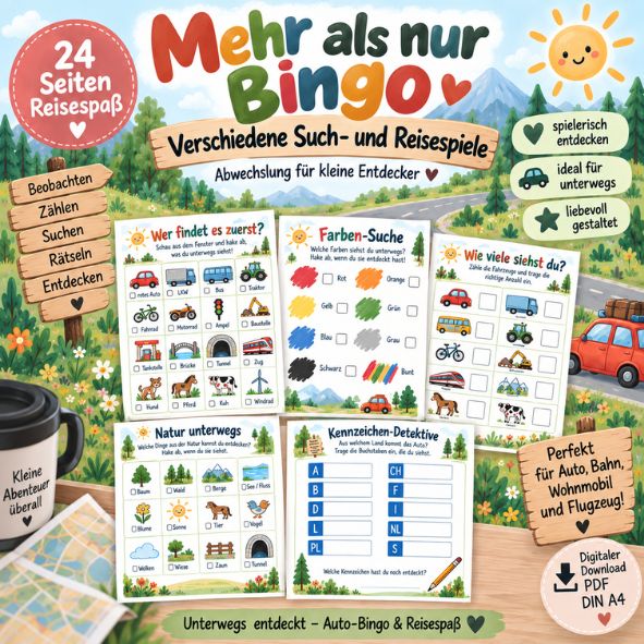 Reisespiele für Kinder zum Ausdrucken | Reise Bingo, Suchspiel & Autofahrt-Beschäftigung | PDF Druckvorlage DIN A4 | Digitaler Download
