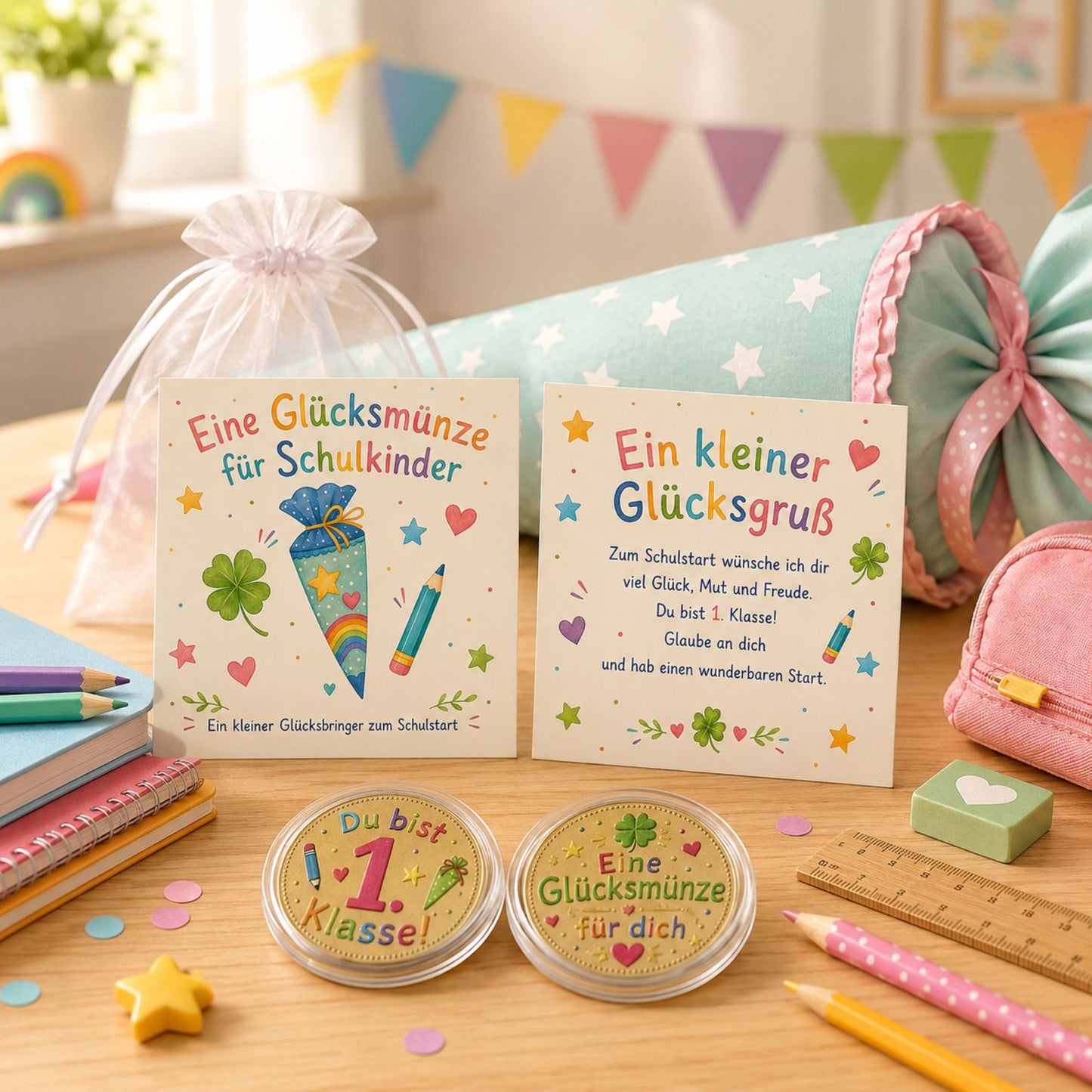 Glücksmünze zur Einschulung – kleines Geschenk mit Karte im Organzasäckchen