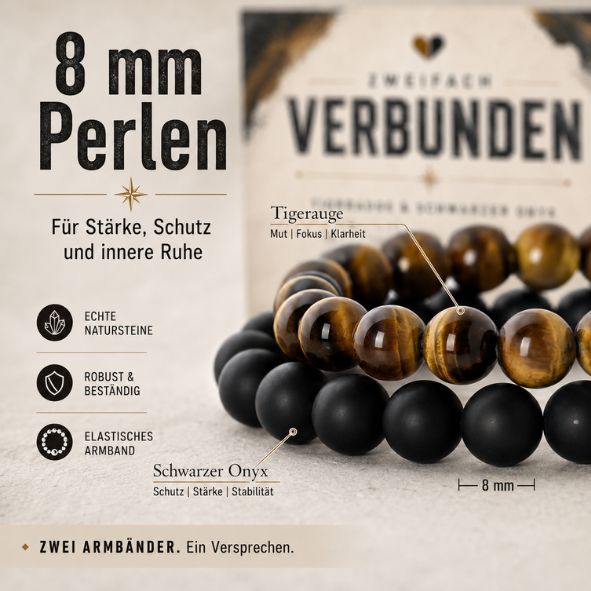 Herren Armband Set Tigerauge & Onyx | 2er Partnerarmband Männer | Geschenk für Freund Papa Bruder | Edelstein Armband Stärke Schutz