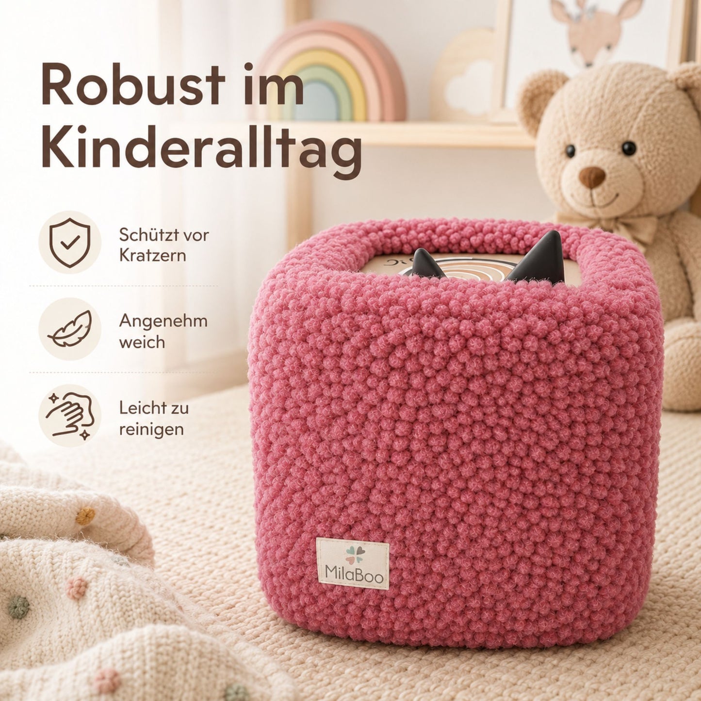 MilaBoo® Teddybezug für Toniebox 1 & 2 – weiche Schutzhülle aus Teddystoff, handgefertigt in Deutschland – Dunkelrosa