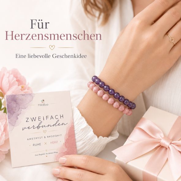Damen Armband Set Amethyst & Rhodonit | 2er Edelstein Armband | Geschenk für Freundin Schwester Mama | Glücksarmband Naturstein