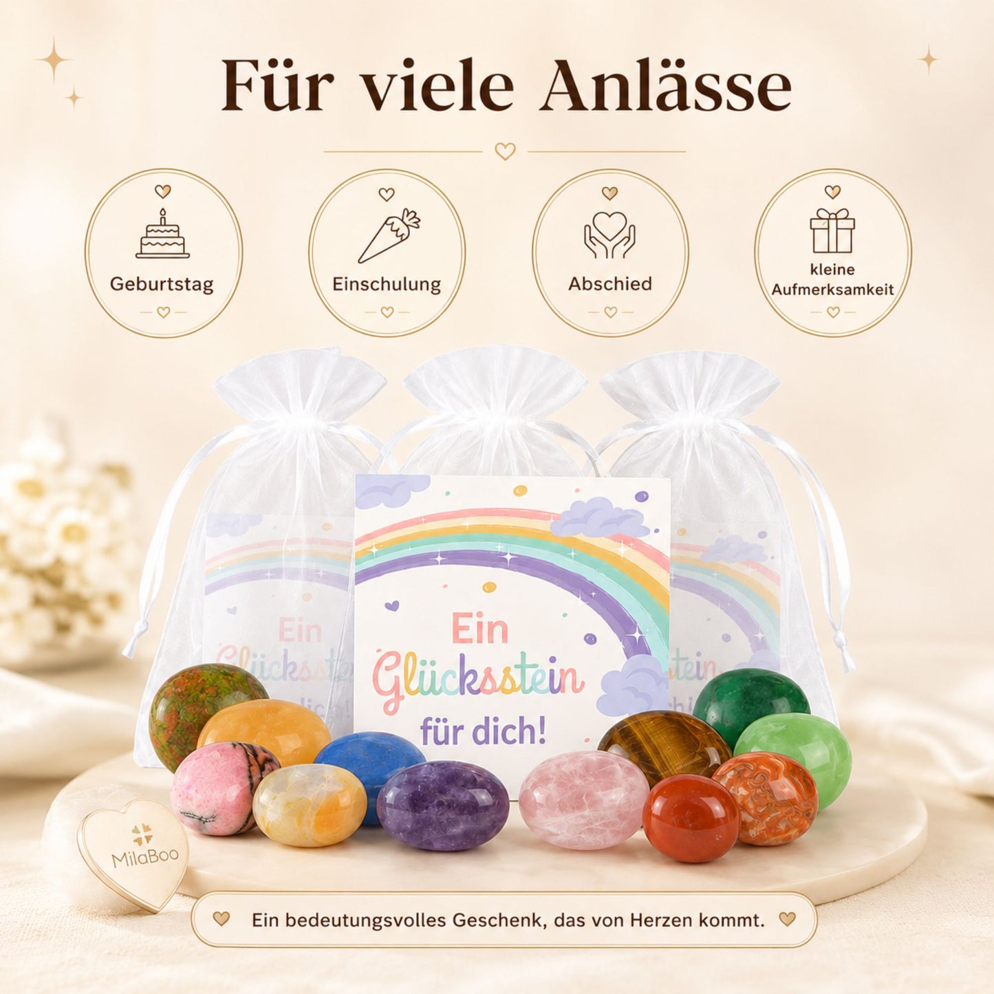 MilaBoo Glückssteine im 12er-Set mit Karte – Kleine Edelsteine als Geschenk, Mitbringsel und liebevoller Mutmacher