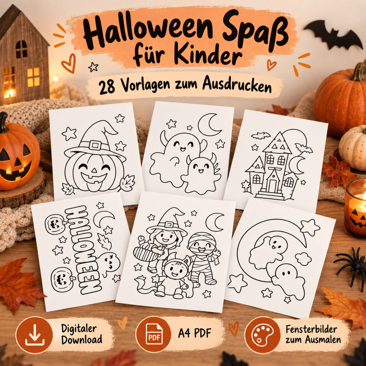 28 Halloween Fensterbilder für Kinder | Ausmalbilder PDF zum Ausdrucken | Geist Hexe Kürbis | Halloween Fensterdeko Download