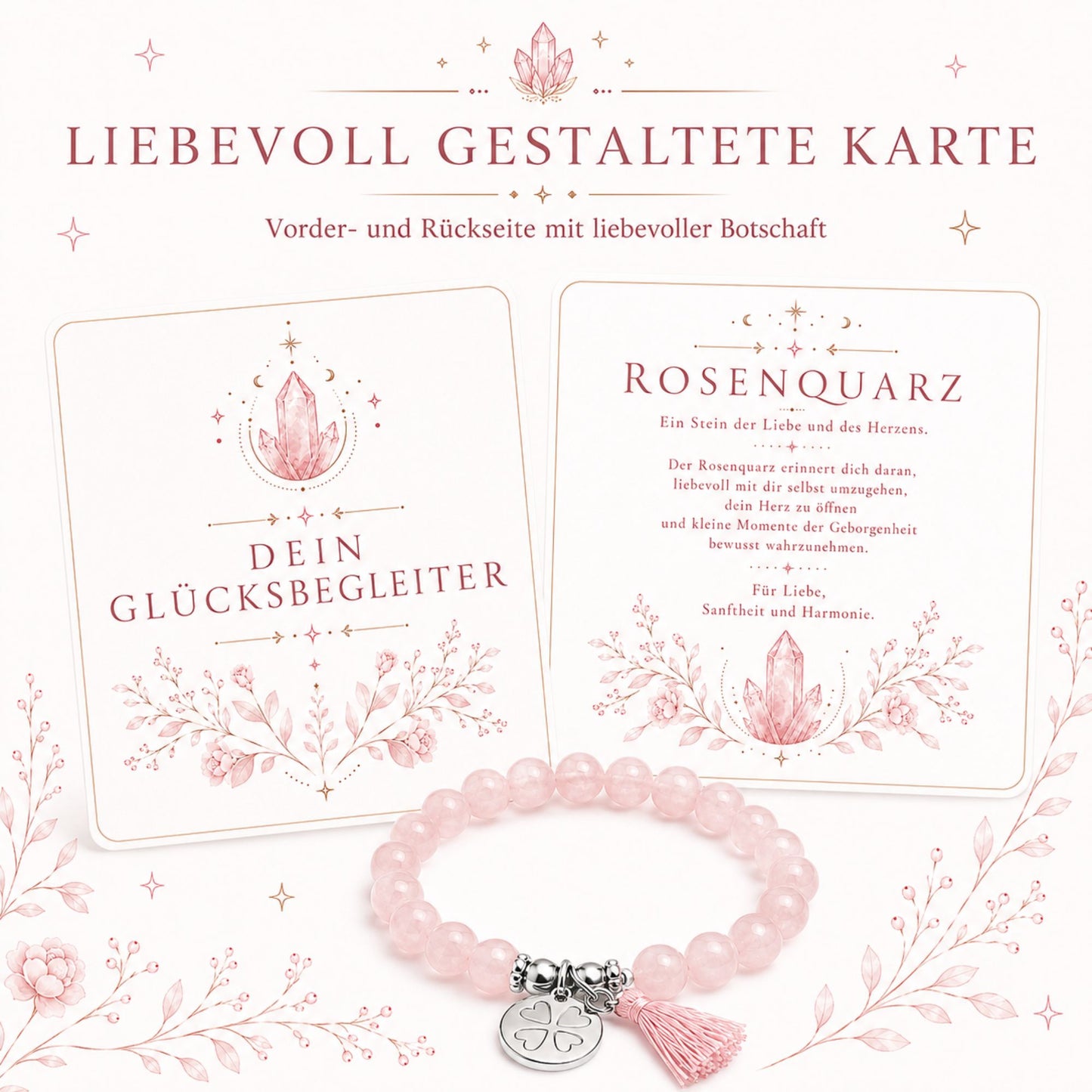 MilaBoo® Rosenquarz Armband Damen – Naturstein Armband mit Kleeblatt-Anhänger & Quaste als liebevolles Geschenk